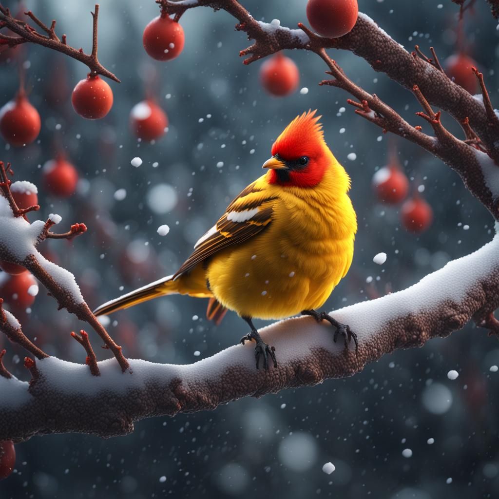 Vivid Birds on Snowy Branches in Winter