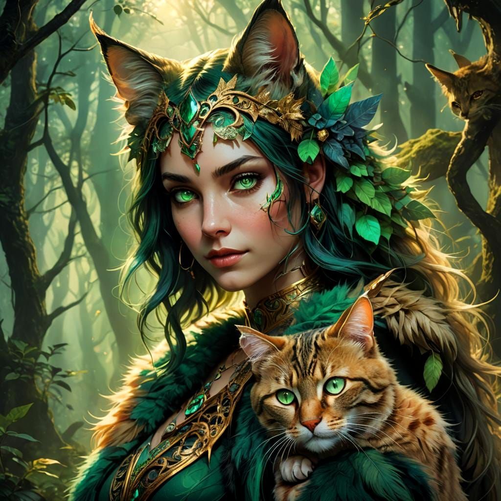 Ethereal Cat Woman with Pet Cat, Detailed Digital Art