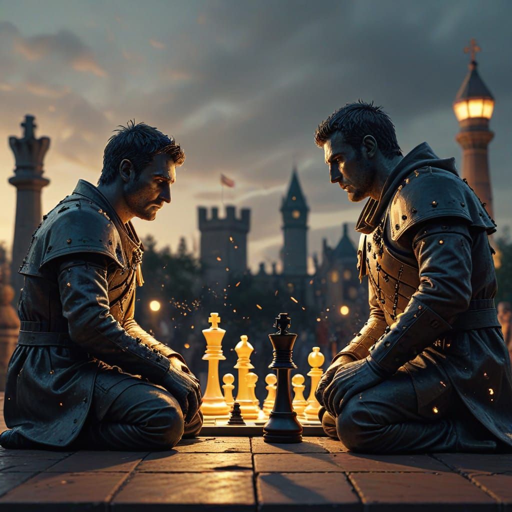 Intense Chess Match in Street Park at Dusk