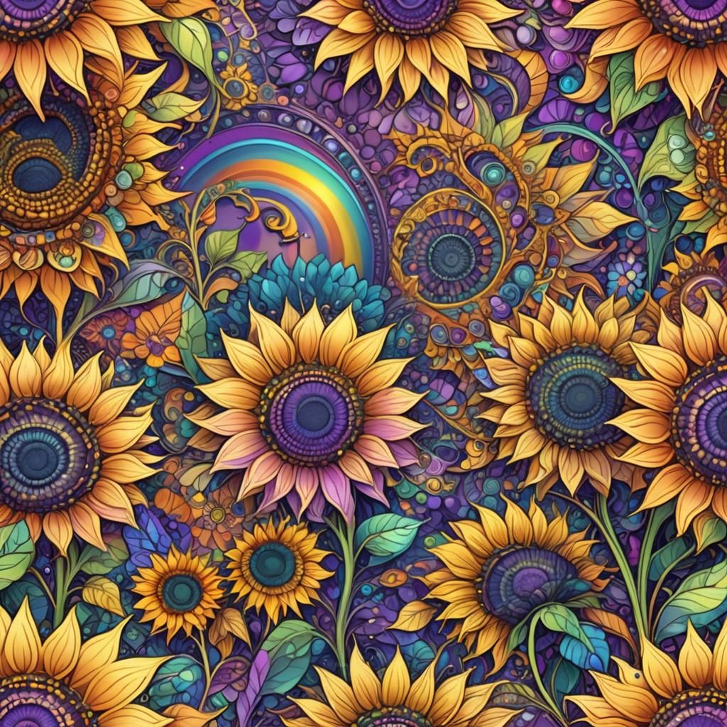Iridescent Sunflowers and Lavender Field: Abstract Fractal A...