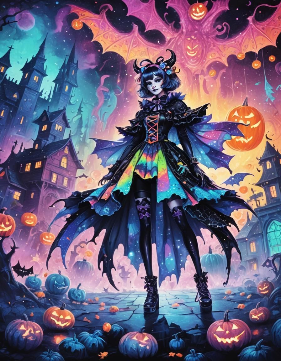 Halloween Woman in Vibrant Pointillism Style