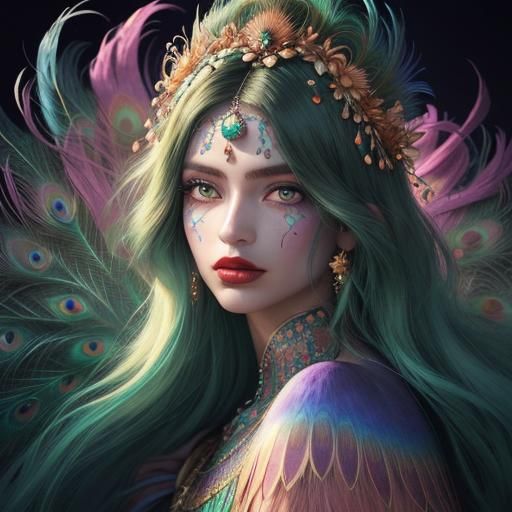 Rainbow Woman Portrait with Peacock Feathers in Surreal Styl...