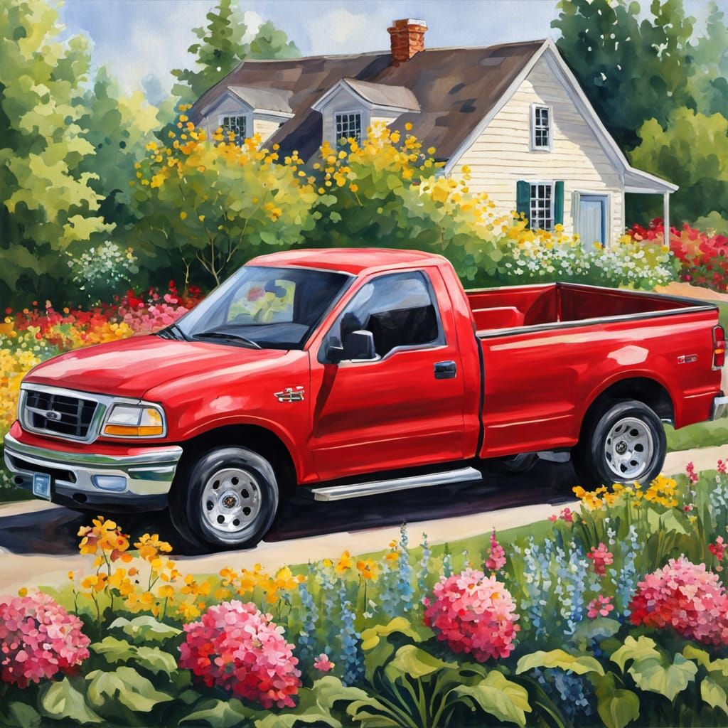 Red 1999 Ford F-150 SVT Lightning in Impressive Gouache Styl...