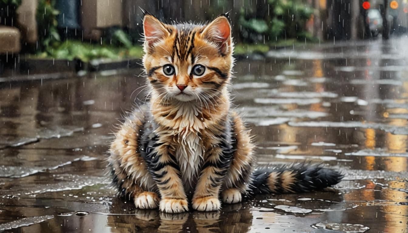 Lonely Kitten in the Rain: Romantic Watercolor Art
