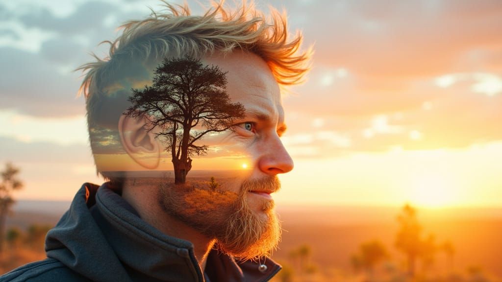 Double Exposure Portrait with Sunset and Mushrooms