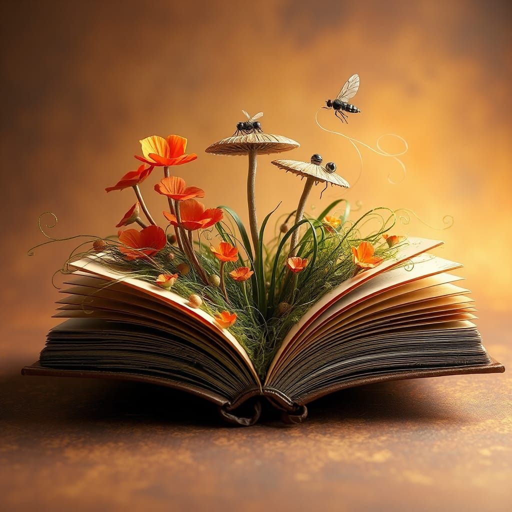 Fantasy Book Sculpture with Flowers and Grass