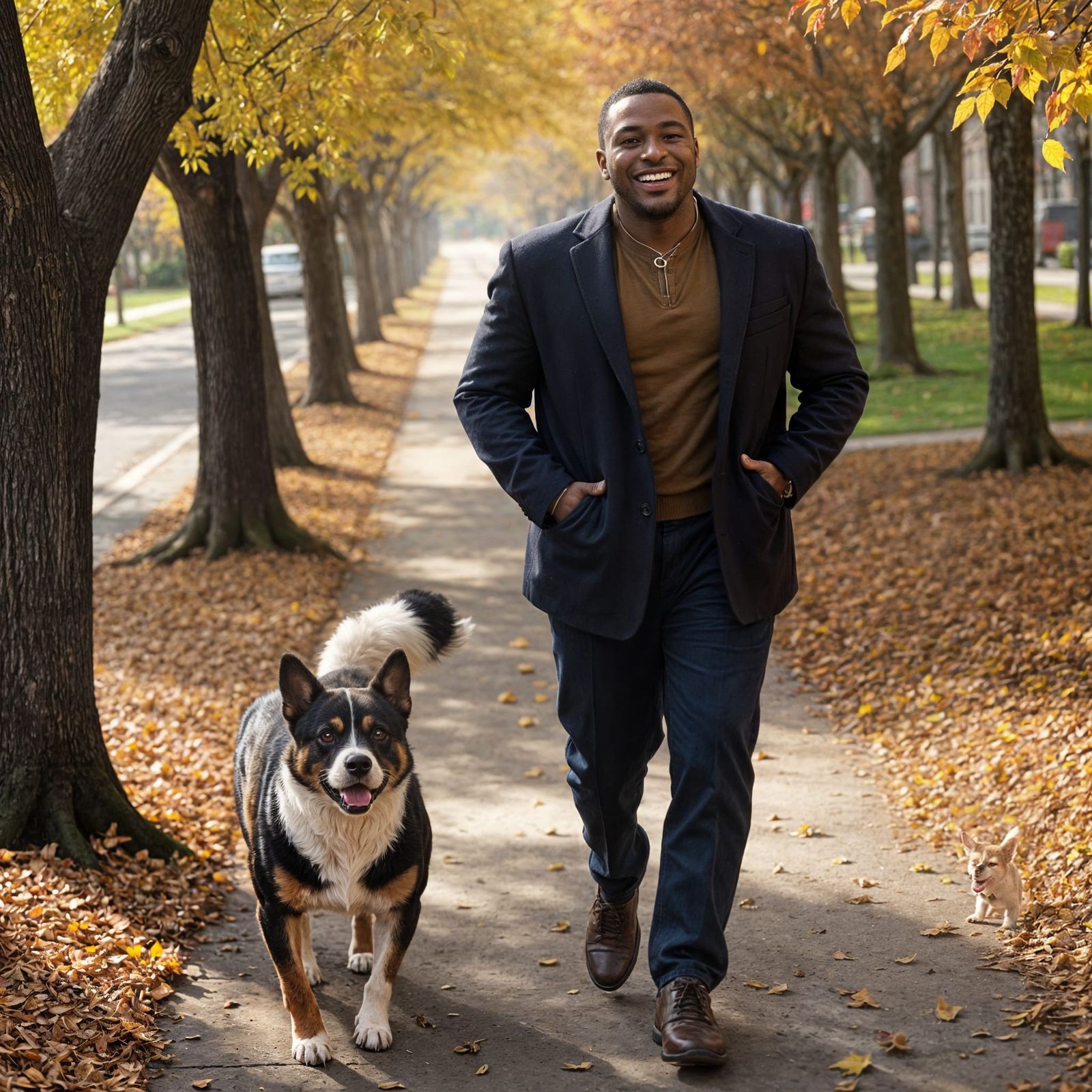 Man and Dog Enjoying Autumn Leaves