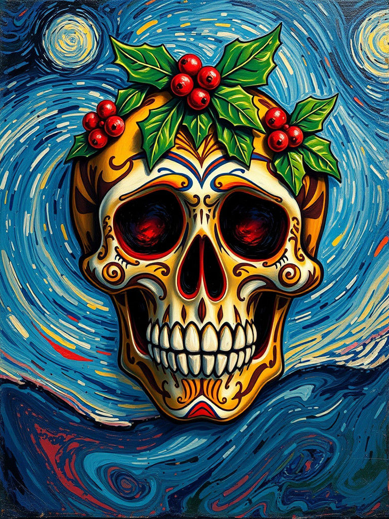 Festive Sugar Skull as Impasto Style Oil Painting