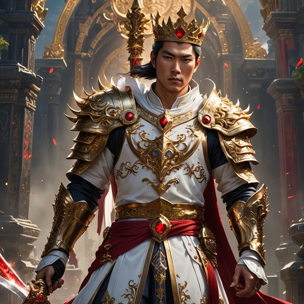 Handsome Asian Prince with Crown and Golden Sword
