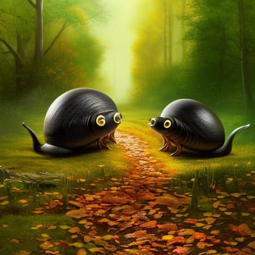 Black Snails on Forest Path in Autumn Evening