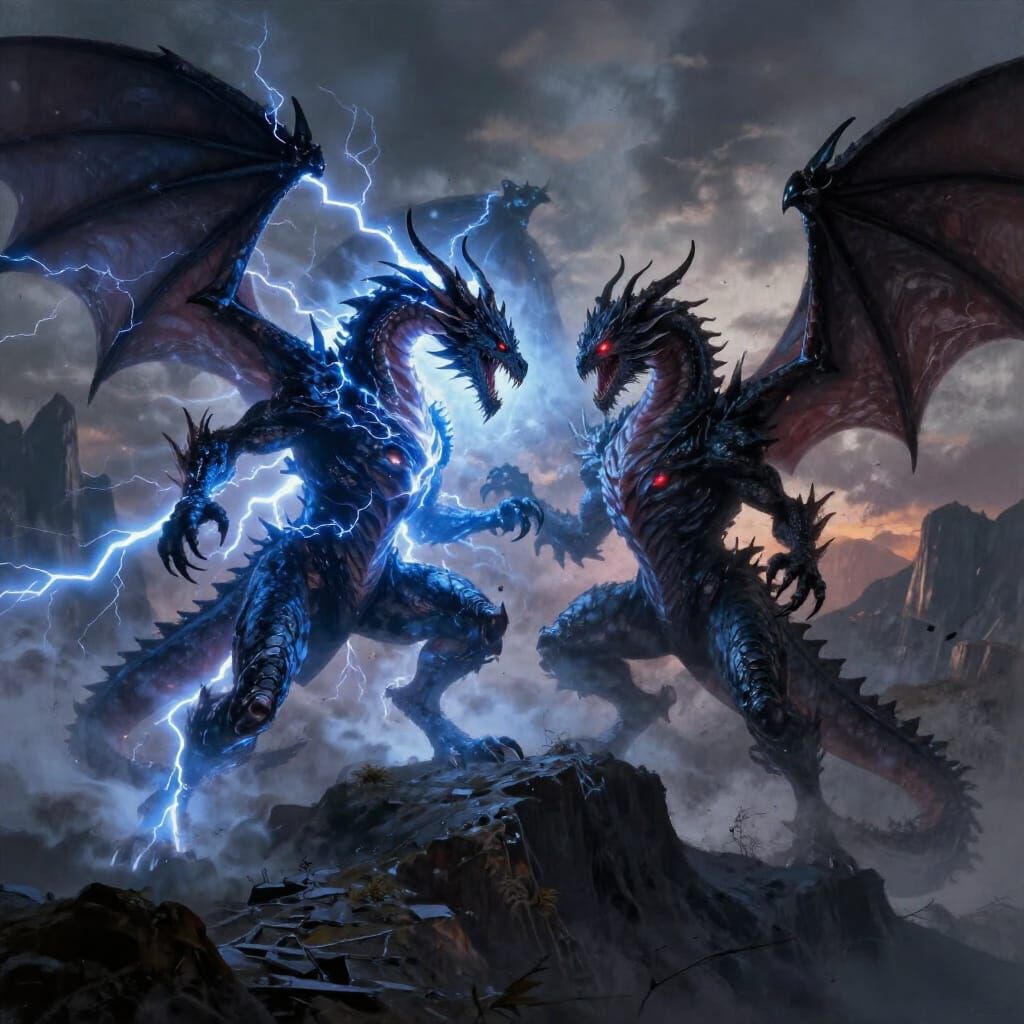 Lightning Dragon vs Shadow Dragon in Epic Fantasy Battle