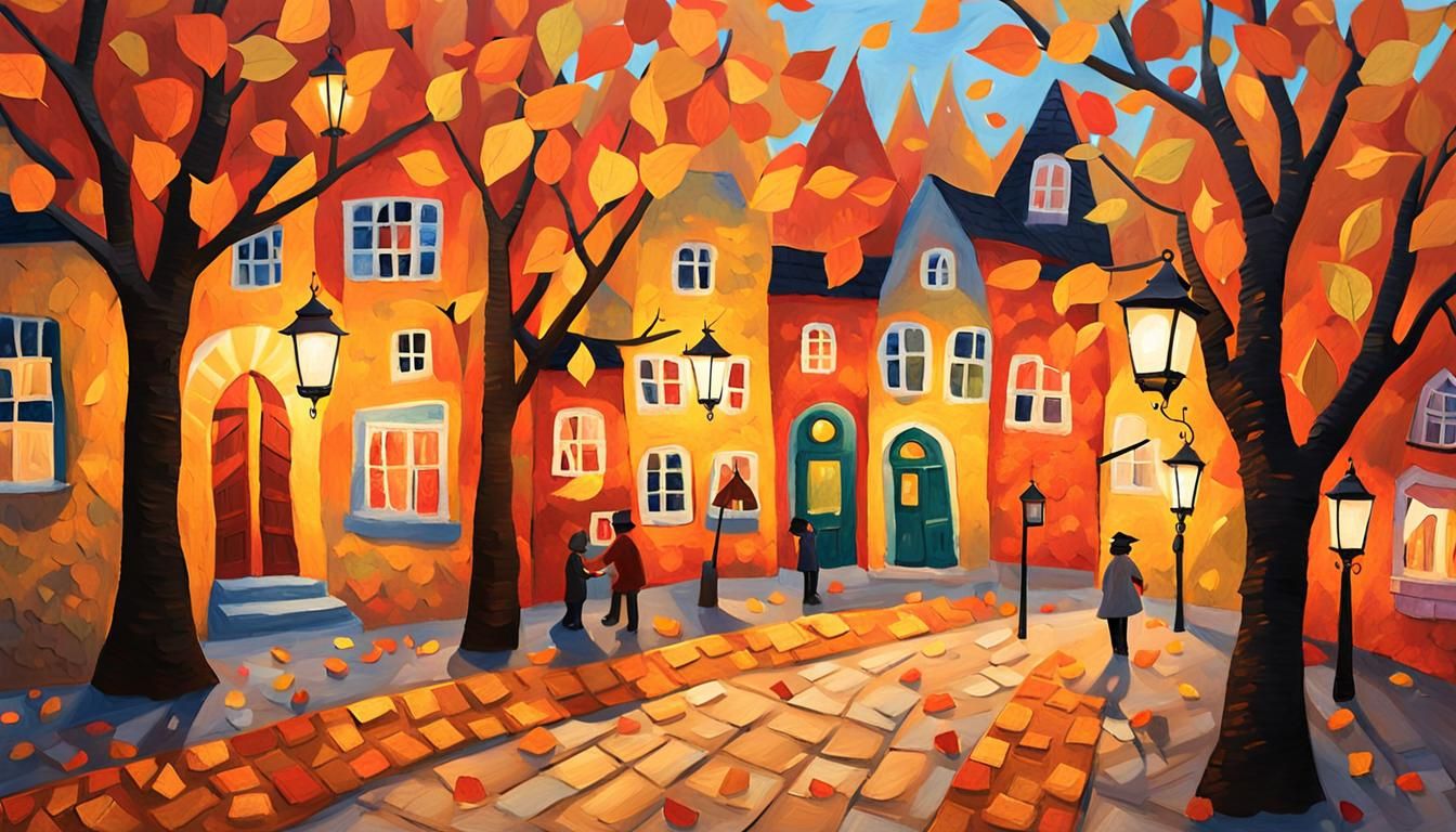 Fauvist Paper Mache Town Square in Autumn
