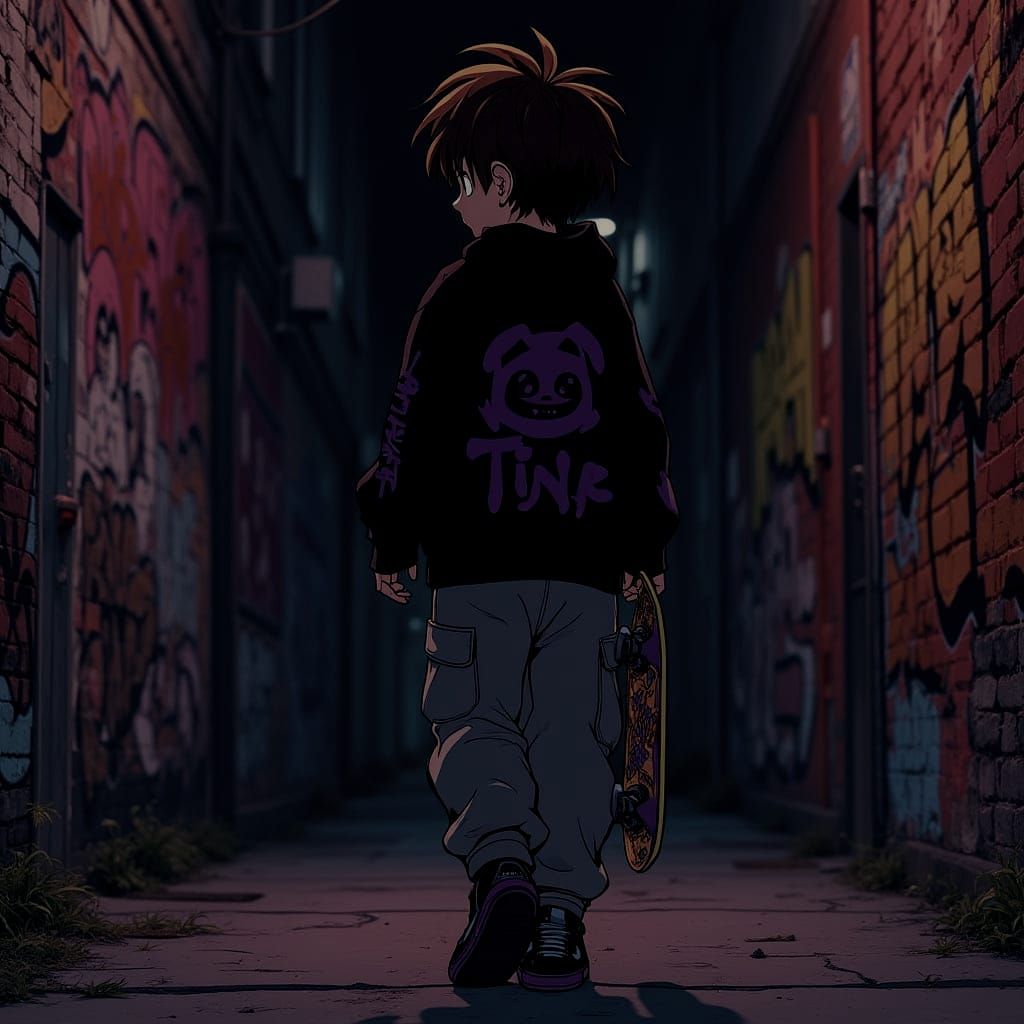 Boy Walking at Night in Manga Style