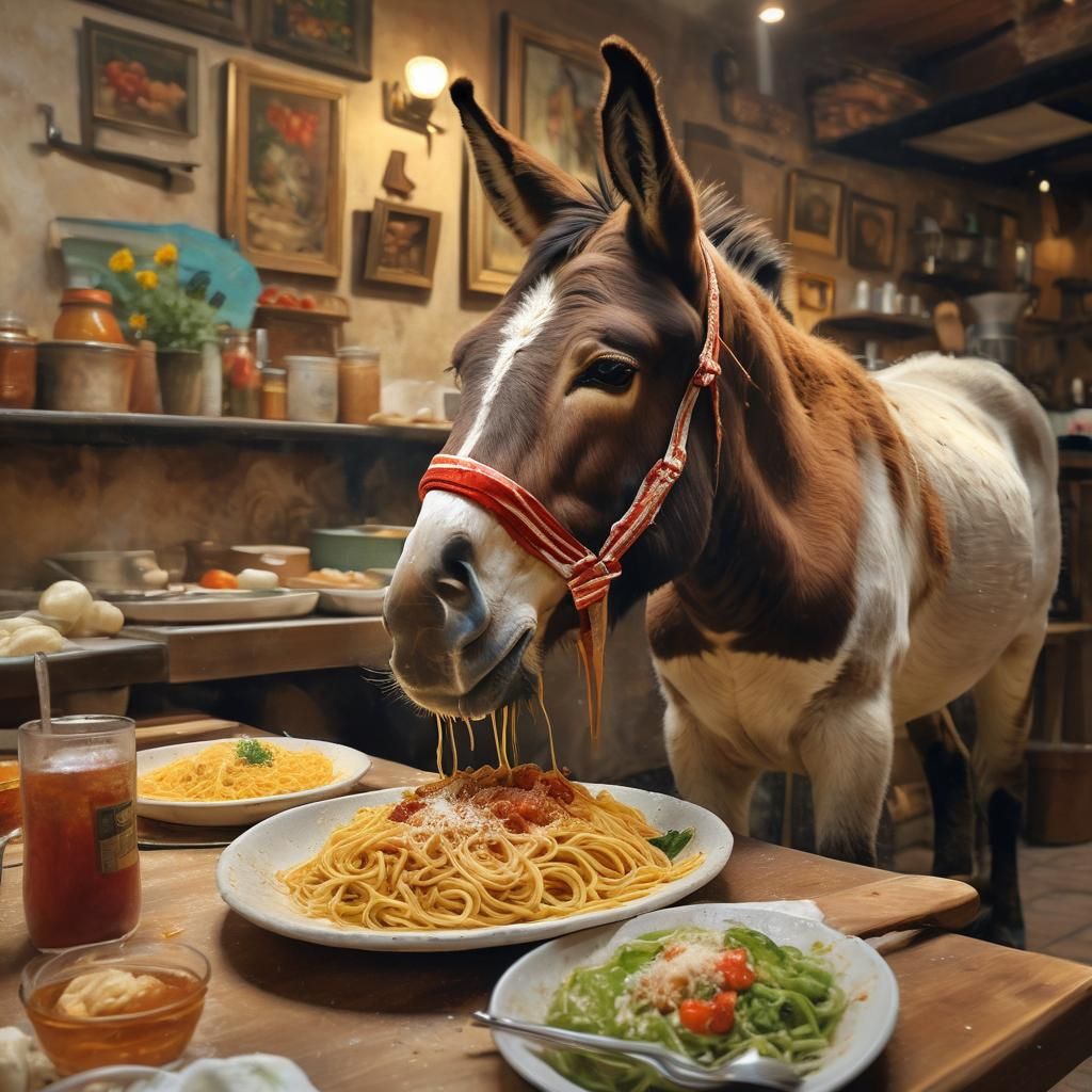 Donkey's Italian Feast: An Impressionist Oil Painting