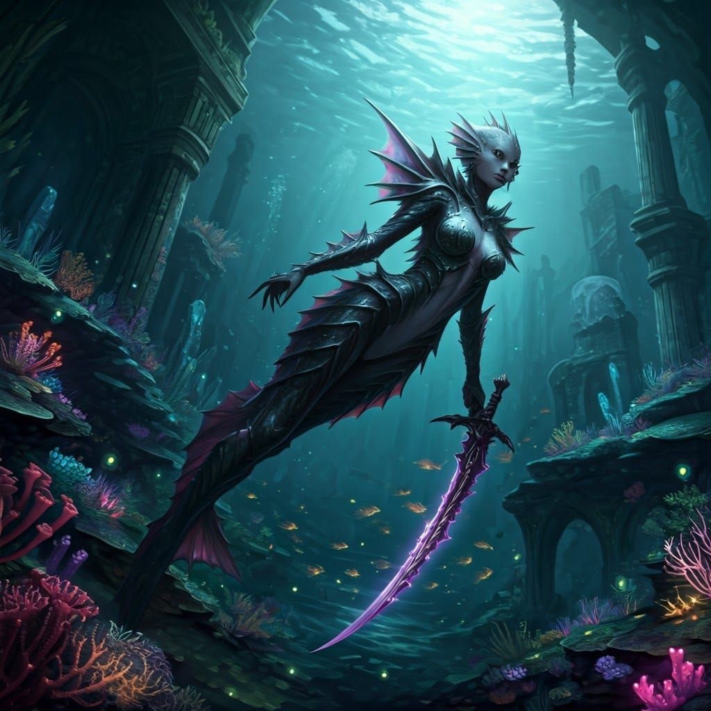 Armored Mermaid Warrior in Bioluminescent City