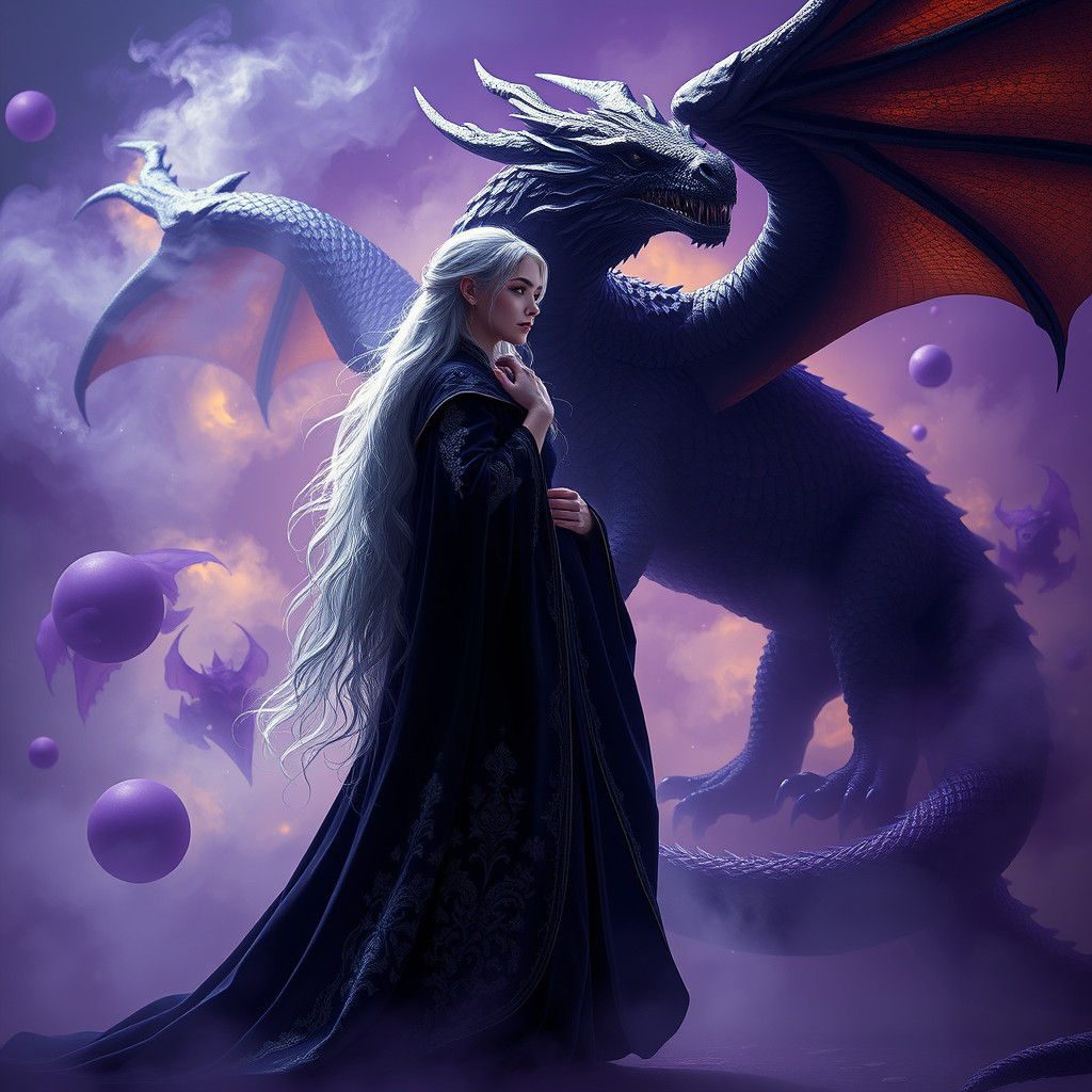 Mystical Woman and Dragon in Dark Fantasy Style