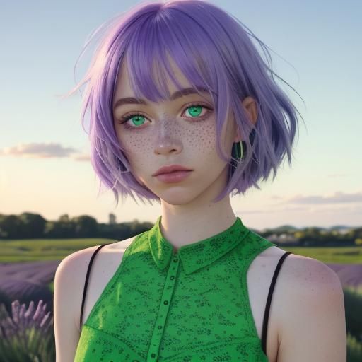 Woman with Lavender Hair and Green Eyes