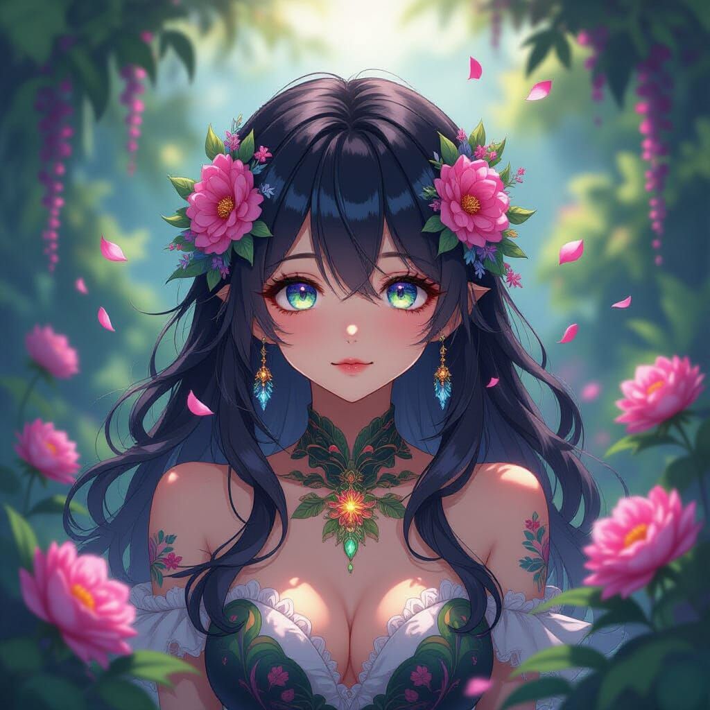 Anime Monster Girl in Luminous Floral Garden