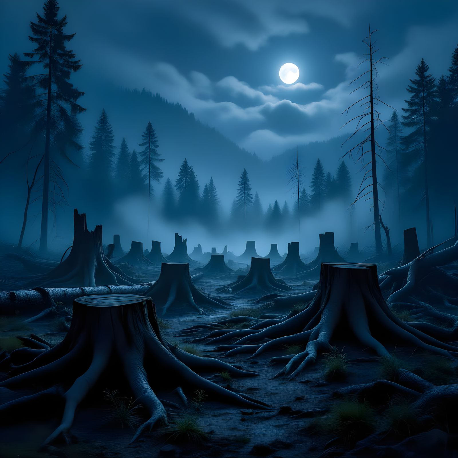 Devastated Nocturnal Forest: Stumps & Moonlight
