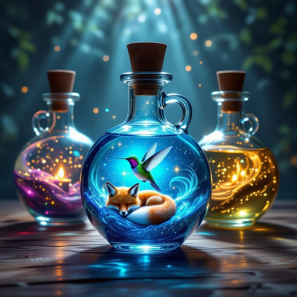 Hyperrealistic Sparkling Potions Revealing Miniature Animals