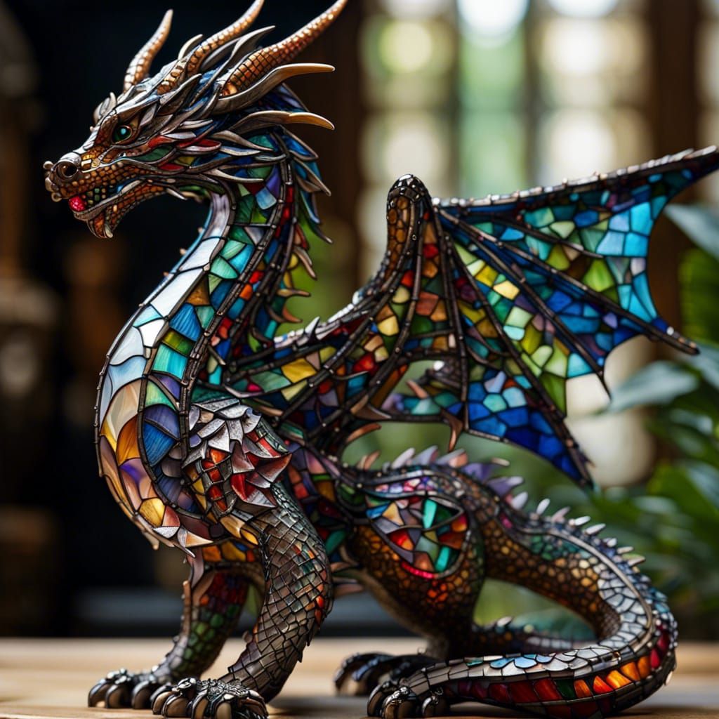 Stained Glass Dragon Figurine in Mosaic Style