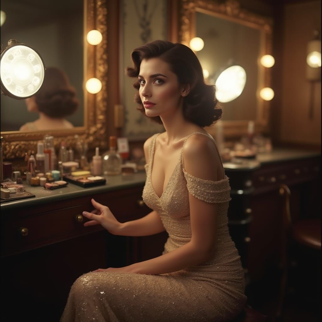 Glamorous Hollywood Siren in Vintage Dressing Room