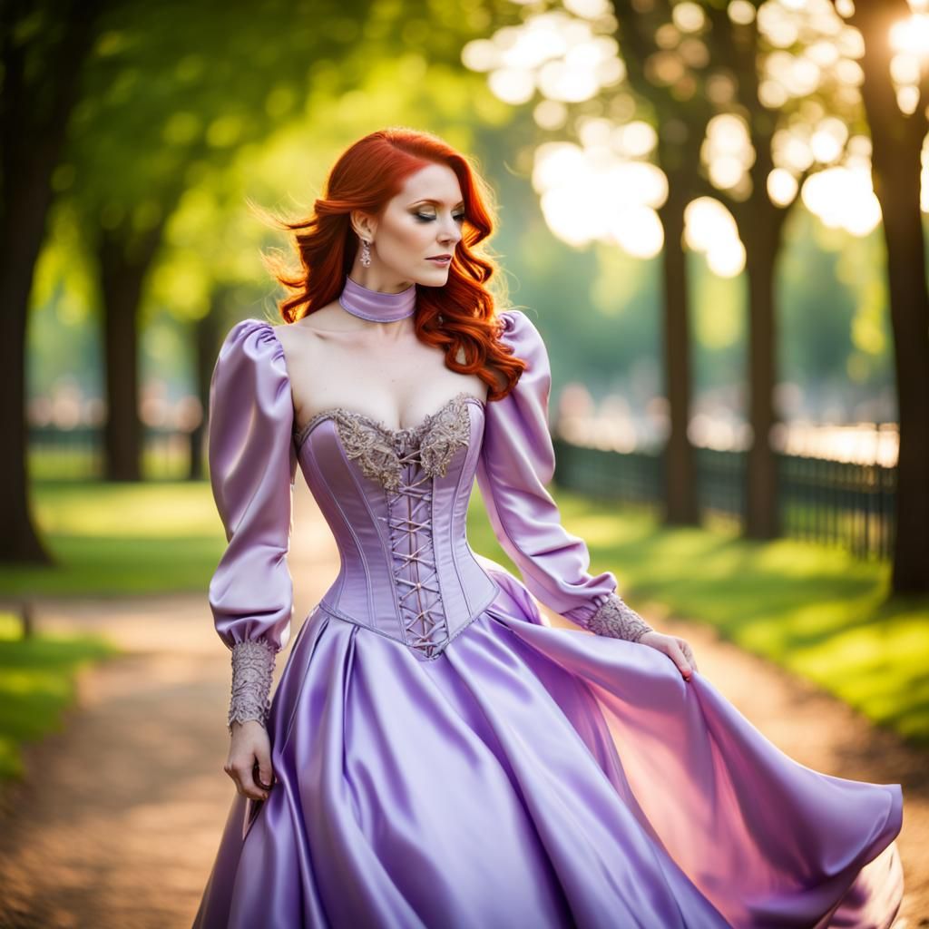 Redhead in Lilac Satin Dress Walking in Park
