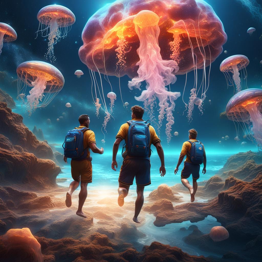 Men Catching Jellyfish in Space: Digital Art