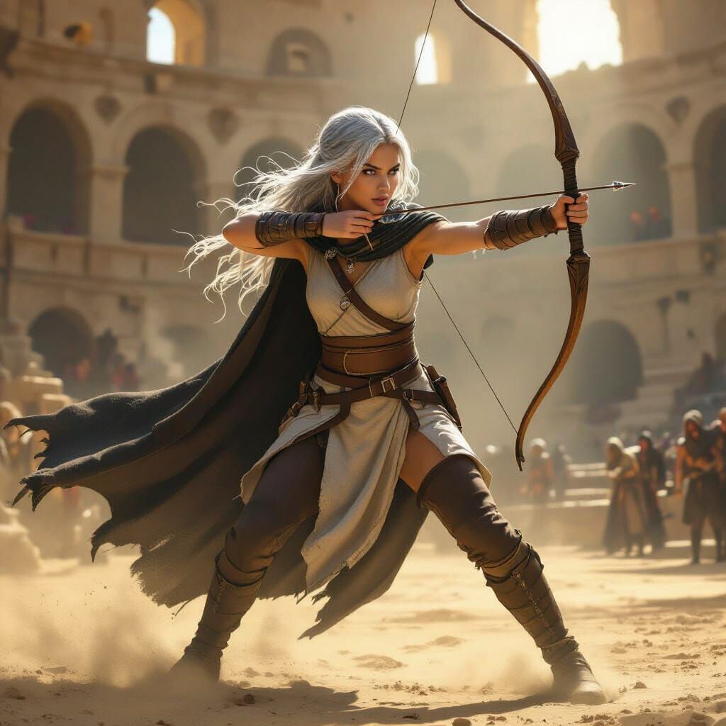 Silver-Haired Archer in Ancient Arena Battle