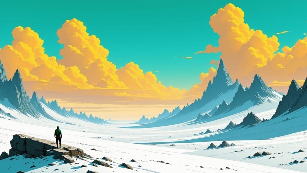 Snowy Desert Mountains Under Aqua Sky With Golden Clouds