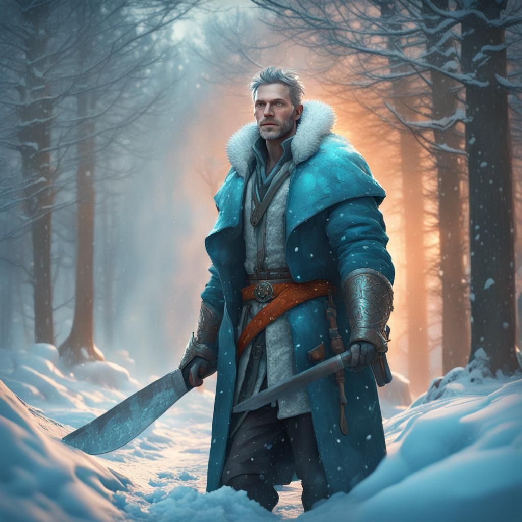 Icy Warrior in Snowstorm: Digital Art