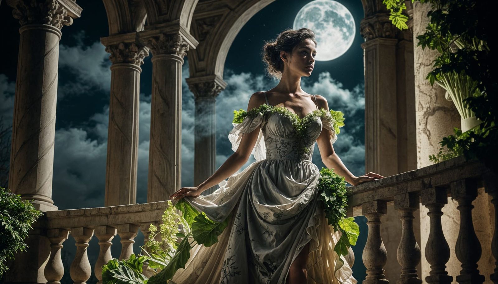 Woman in Lettuce Dress Under Moonlight, Double Exposure