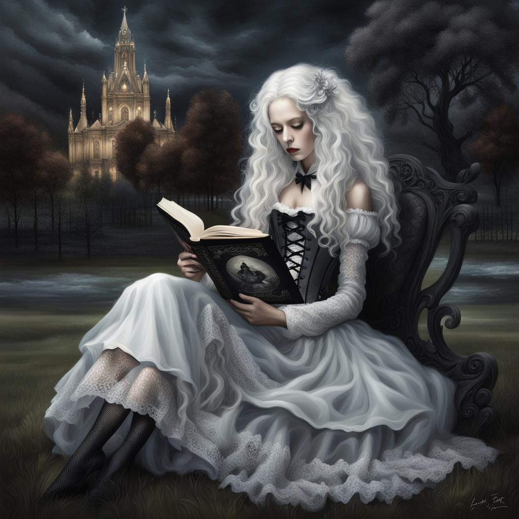 Gothic Girl Reading Tome in Everlasting Night: Hyper-Realism