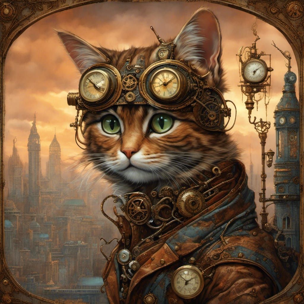 Steampunk Cat in Victorian Cityscape with Sunset Glow