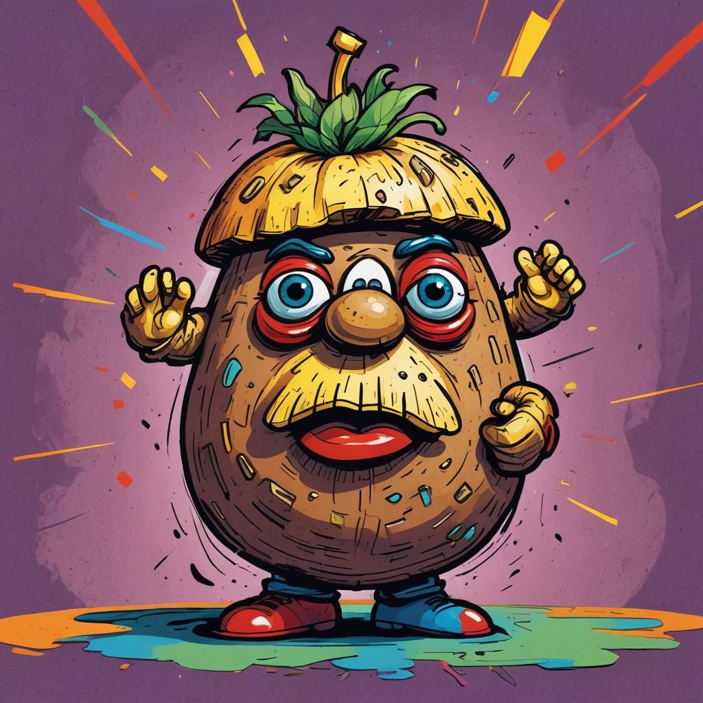 Grumpy Potato Shakespearean Actor in Whimsical Illustration
