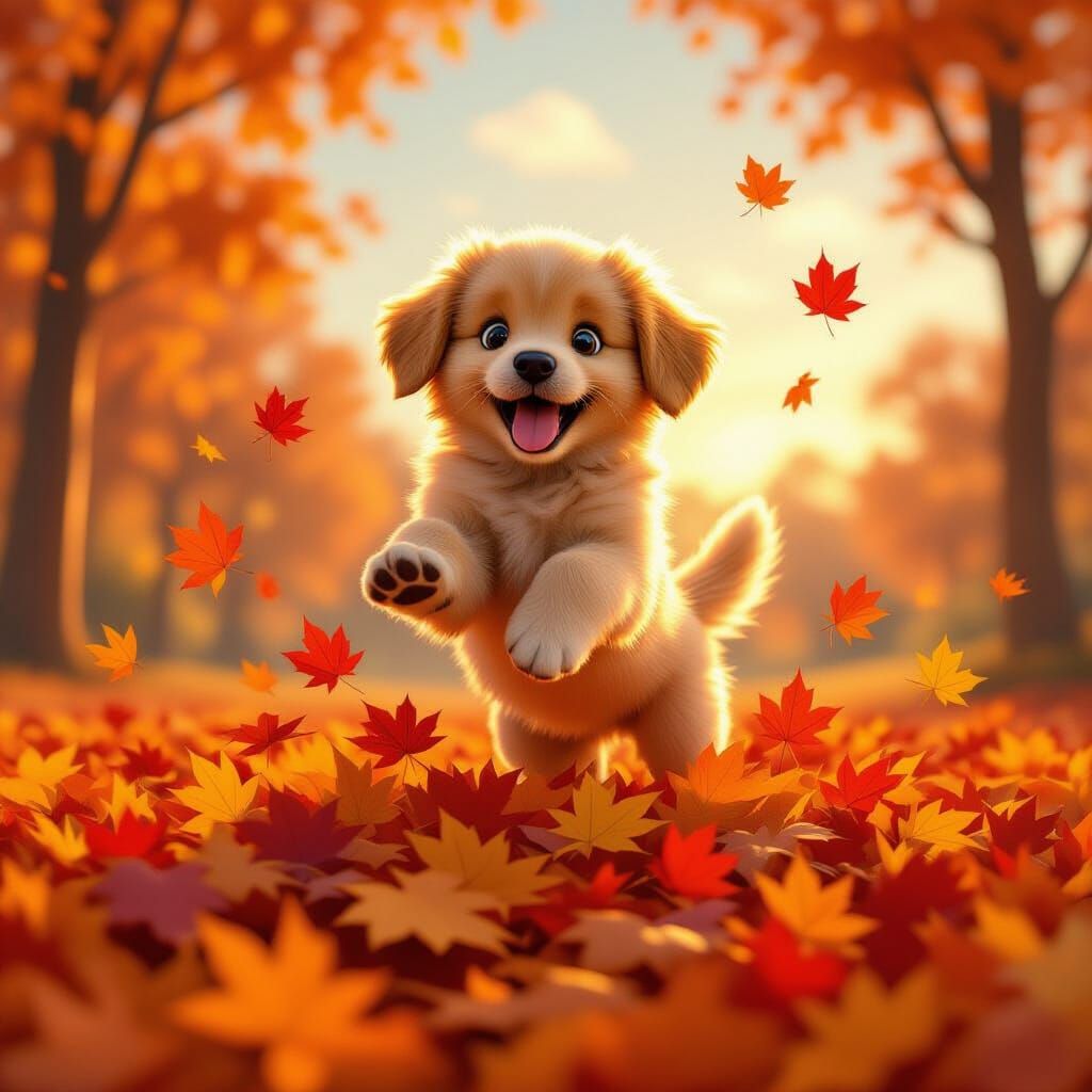 Joyful Puppy Leaping Into Autumn Leaves Pixar Style