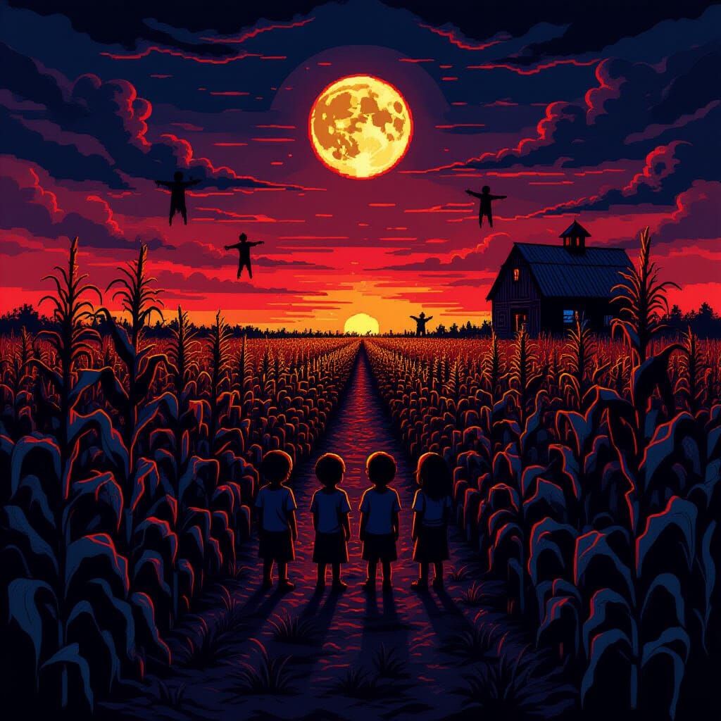 Haunted Cornfield Pixel Art at Dusk