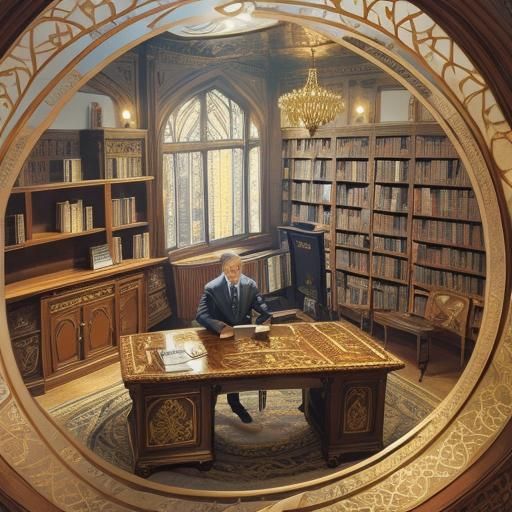 Art Nouveau Cedar Desk in Jeweled Library