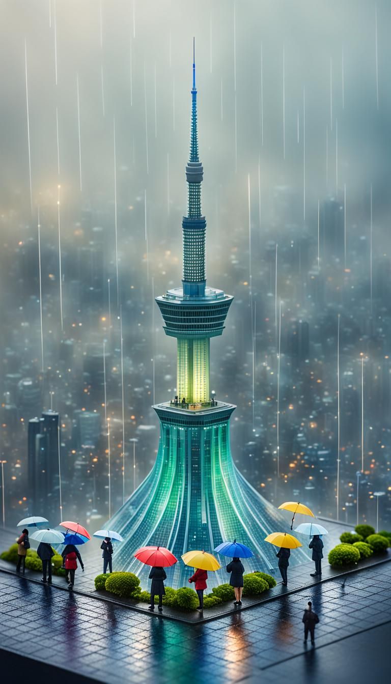 Miniature Namsan Tower dominating a rainy Seoul cityscape, tiny human figures dotted below, umbrellas in hand, Miki Asai...