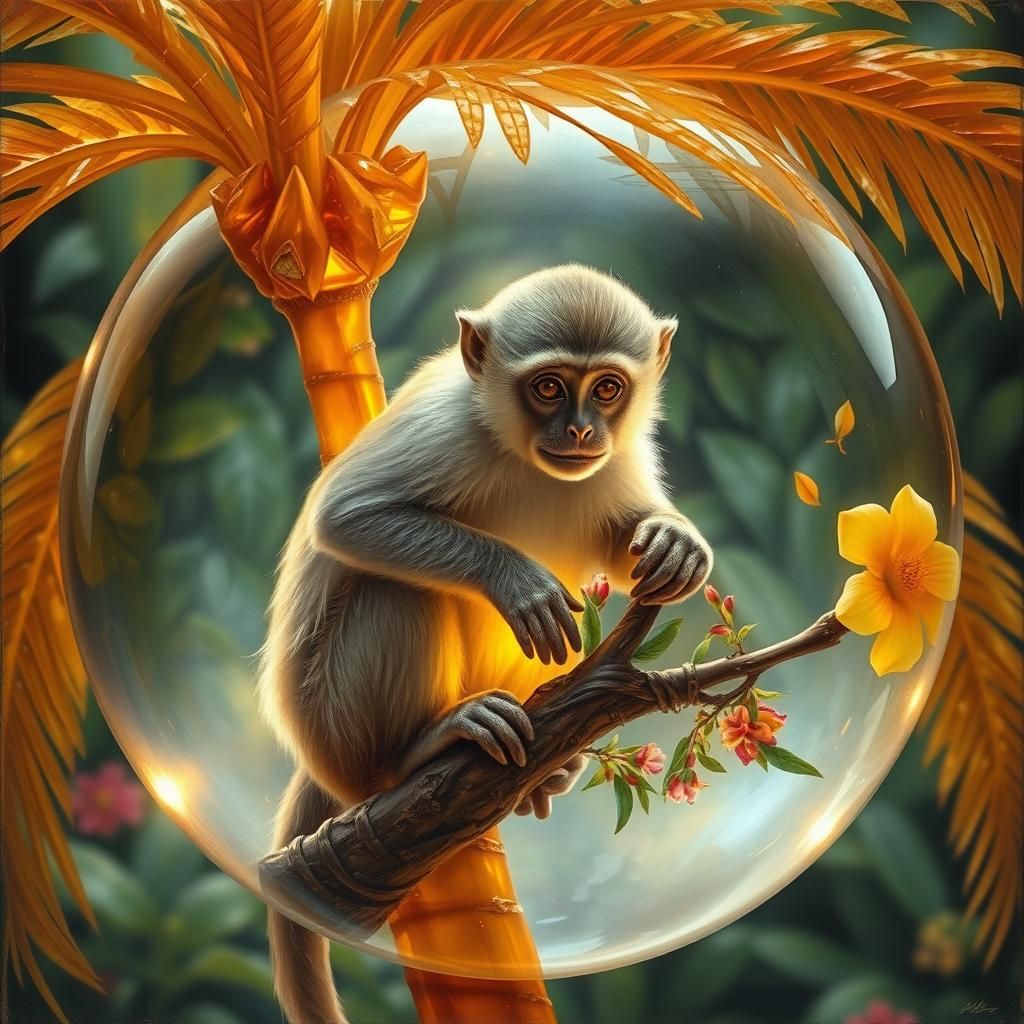 Monkey on Amber Palm in Crystal Ball