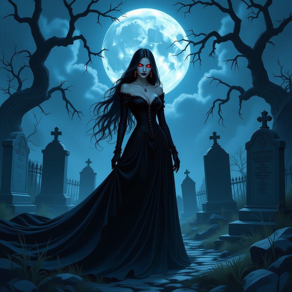 Gothic Vampire in Graveyard, Dark Fantasy Art