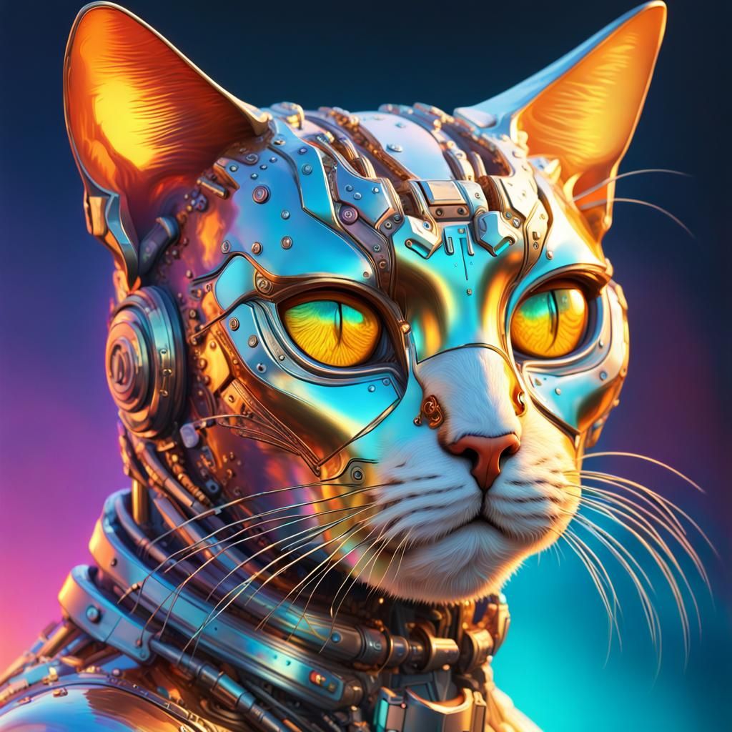 Iridescent Cyborg Cat in Cosmic Surrealism