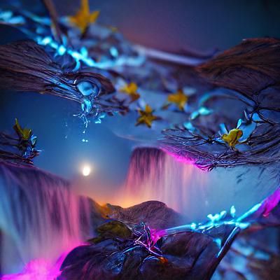Fantasy Waterfall Under Starry Moon with Fairy Lights