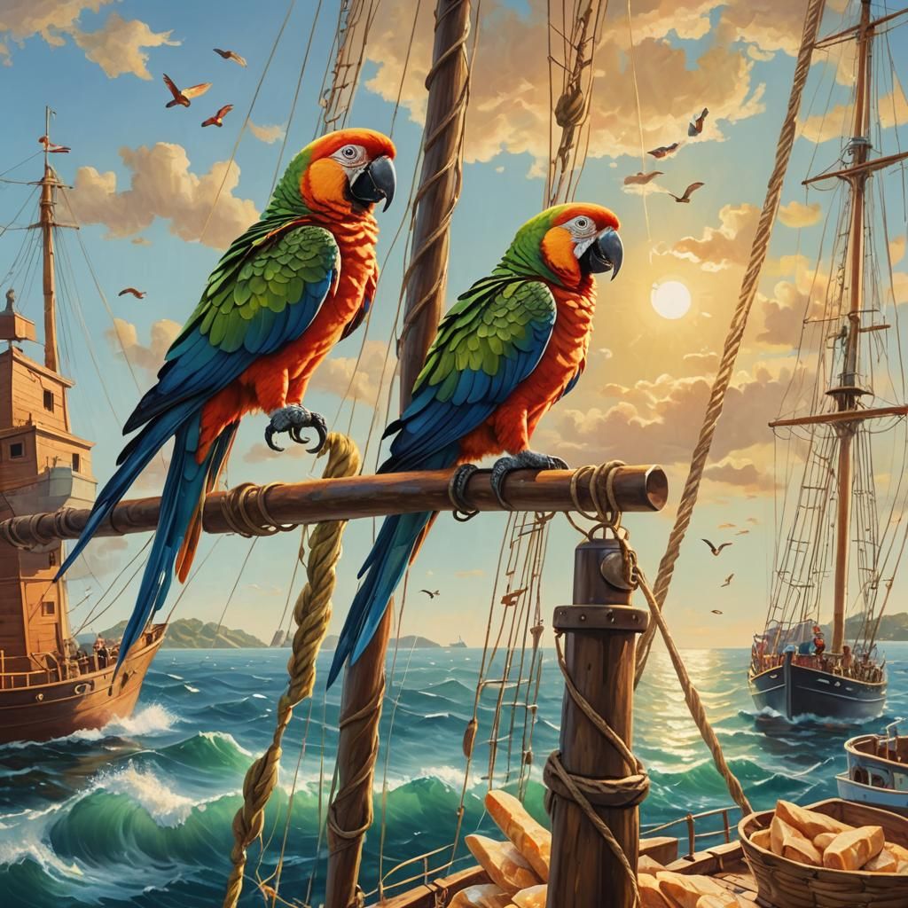 Colorful Parrot on Ship in Vibrant Oil Painting