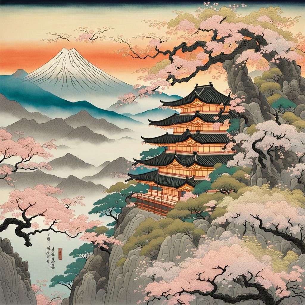 Japanese Dragon in Misty Mountain Ukiyo-e Landscape