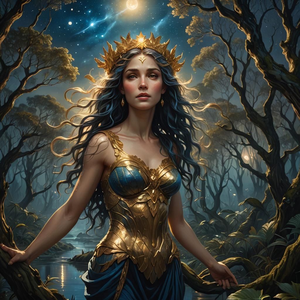 Aphrodite in Mystical Swamp Forest, Oil Painting Style