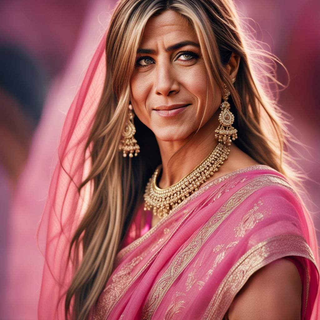 Jennifer Aniston in Pink Saree: Hyperrealistic Portrait