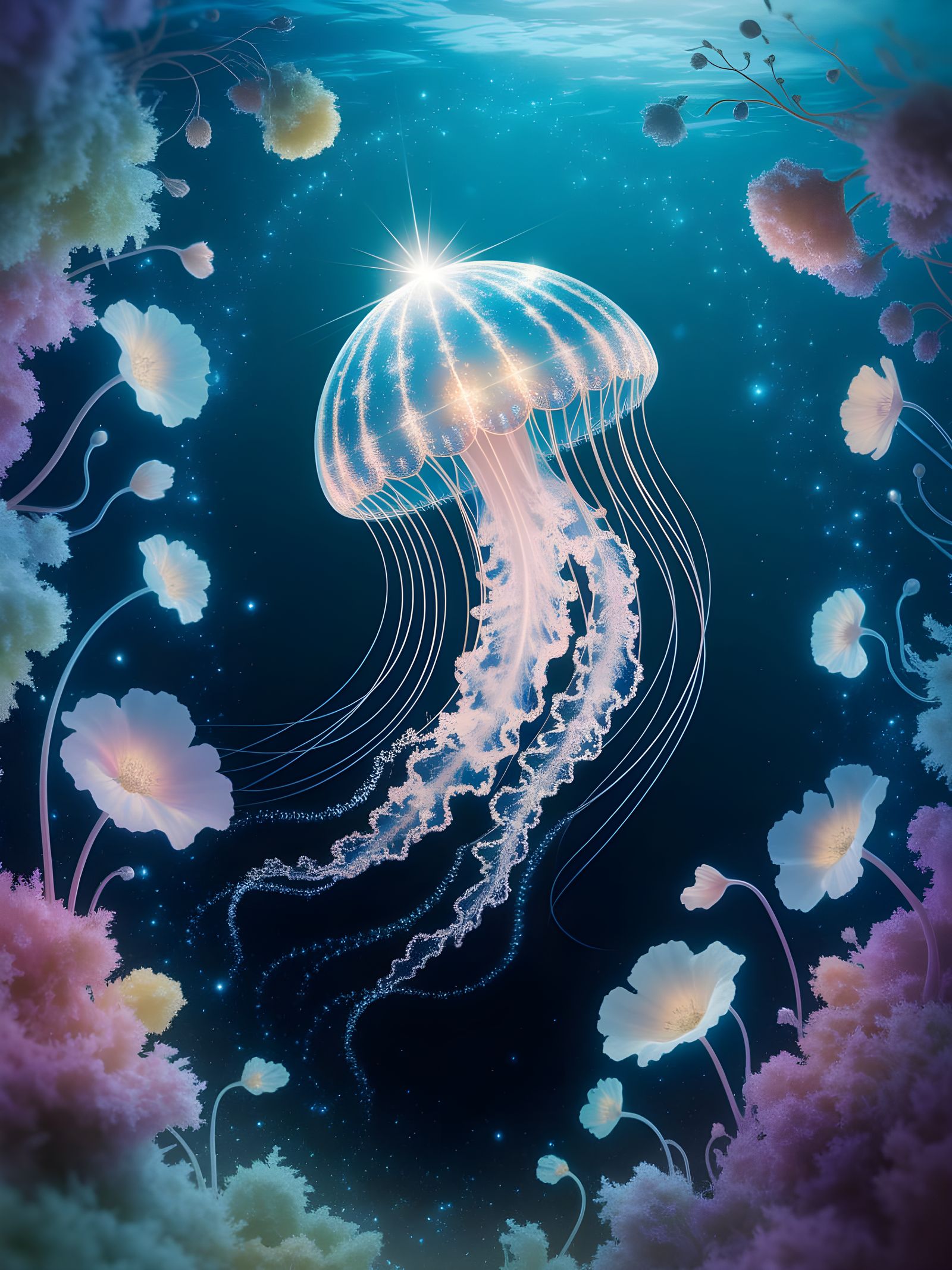 Crystal Jellyfish in Bioluminescent Underwater Garden