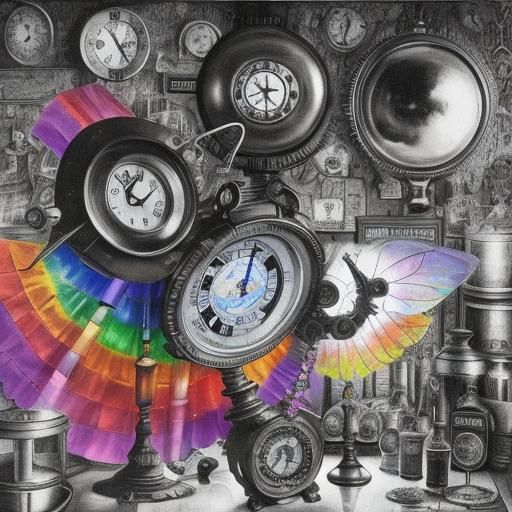 Steampunk Surreal Child's Drawing with Rainbow Fairy