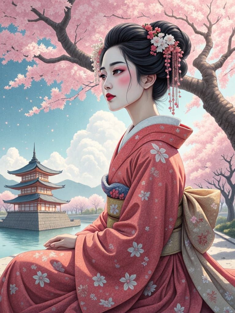 Geisha Contemplates Cherry Blossoms in Art Nouveau Style